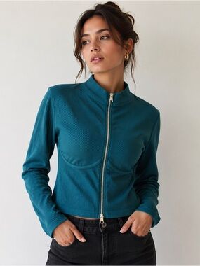Bloom Season Teal Scuba Jacket | Ribbed Zip-Up | Size L